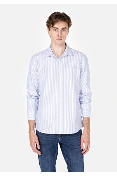 Colin's قصة ضيقة قطن قميص برقبة مستديرة مخطط قميص رجالي أزرق بأكمام طويلة