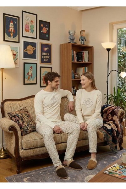 YHGTEKSTİL Romantic and Comfortable Couple Pajama Combinations Couple Pajama Set White Space Themed