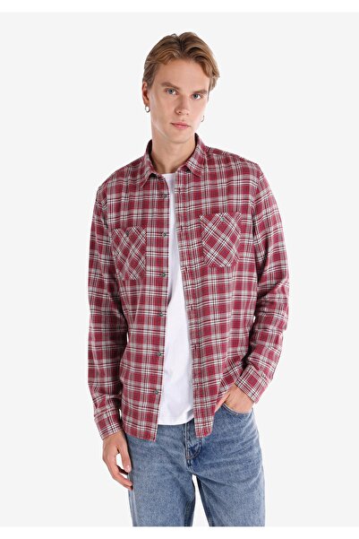 Colin's Claret Red Men's Long Sleeve Shirt - Slim Fit, Checkered Pocket Detail