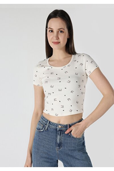 Colin's Slim Fit Yuvarlak Yaka Baskılı Kadın Beyaz Kısa Kol Tişört