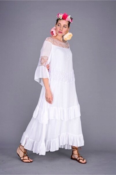 Hazinedan Rochie albă autentică italiană dantelă croi relaxat pentru femei, m...