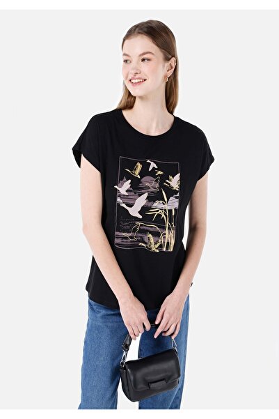 Colin's Tricou negru cu mânecă scurtă pentru femei, cu decolteu rotund, cu cr...