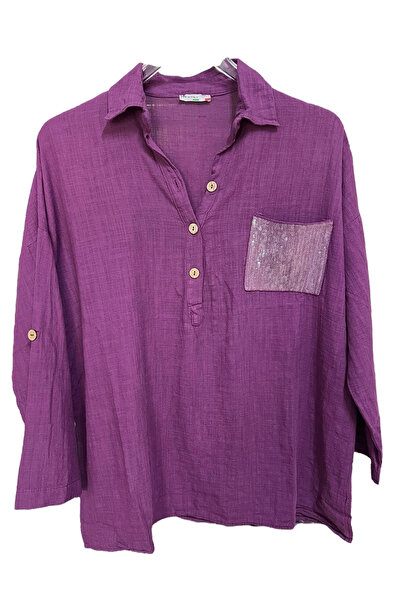 SUMEF Kadın Mavi Payet Cepli Yıkamalı Gömlek yaka | %100 Organik Pamuk Rahat ...