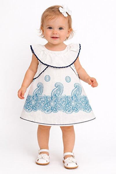 Mika Bebek & Çocuk Zero Sleeve Baby Girl White Blue Authentic Summer Dress