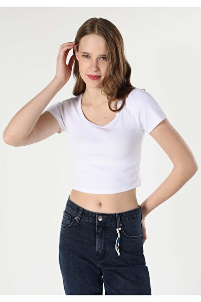 Colin's Slim Fit Yuvarlak Yaka Düz Kadın Beyaz Kısa Kol Tişört