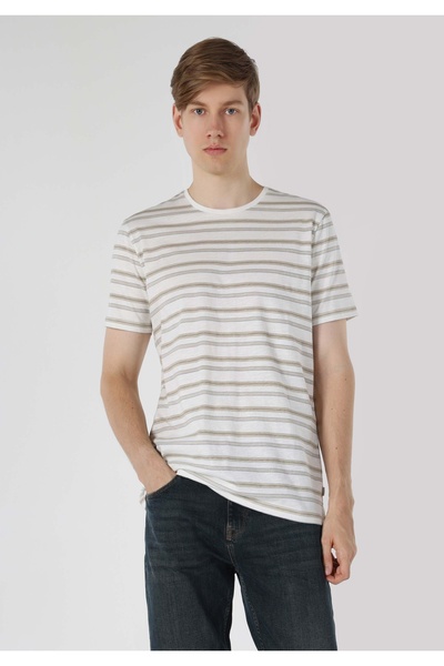 Colin's Tricou alb cu mânecă scurtă pentru bărbați, cu gât rotund, cu dungi