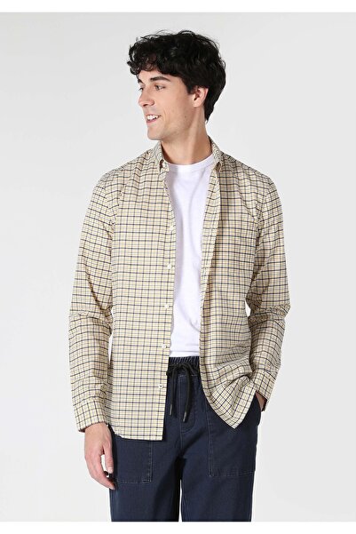 Colin's Slim Fit Shirt Neck Plaid Li Men's Yellow Long Sleeve Shirt