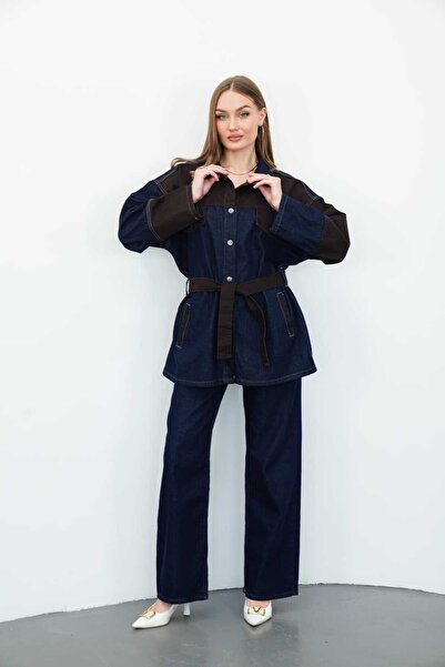 deniva Women's Oversized Wide Leg Jeans (Denim) Belted Set