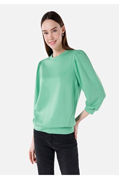 Colin's Tricou verde cu mânecă lungă pentru femei, cu guler rotund, croială n...