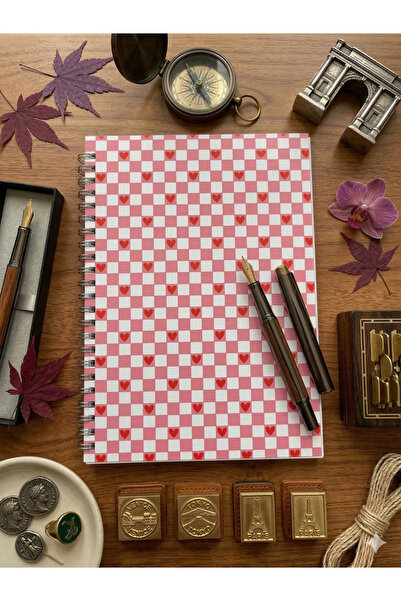 Ez&Tu Stıcker Pink Checkerboard Patterned Notebook with Heart – 60 Sheets / 1...