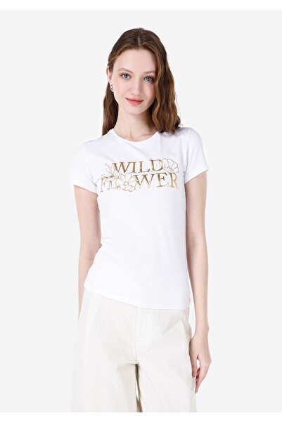 Colin's Slim Fit Yuvarlak Yaka Baskılı Kadın Beyaz Kısa Kol Tişört