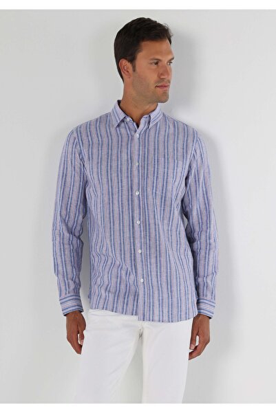 Colin's قميص ذو قصة عادية برقبة بجيوب مخطط قميص رجالي أزرق بأكمام طويلة