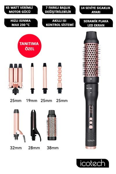 icotech HS20 Siyah 7 in 1 Saç Maşası Seti