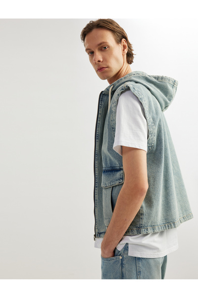 Koton Oversize Cotton Sleeveless Denim Vest with Hooded Zippered Flap Pockets