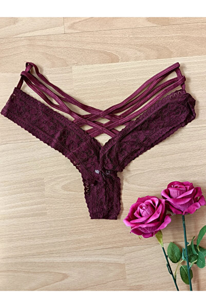 Papatya Venüs Çapraz Bantlı Dantelli Kadın İç Giyim String Tanga ( BORDO )