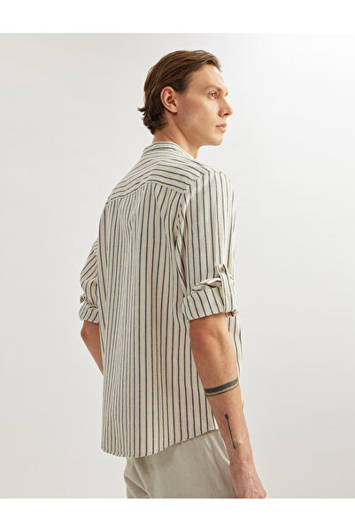 Koton Gestreiftes, gekräuseltes, langärmliges Baumwollhemd mit normaler Passf...