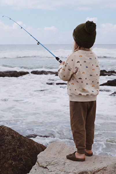 Cigit Car Printed Sweatshirt Set 1-5 Years Old Beige