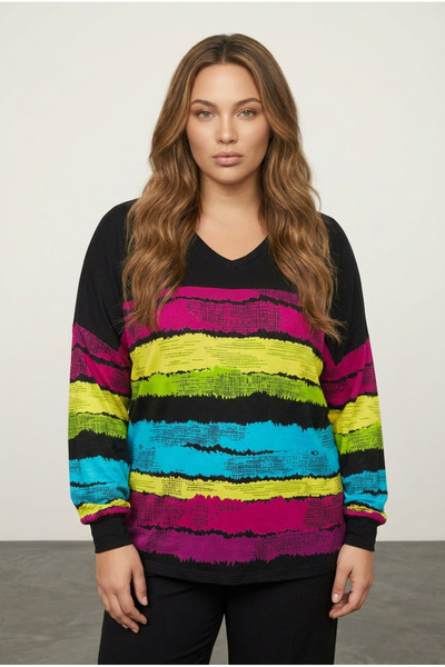 Stil Diva Μακρυμάνικη μπλούζα με ριγέ V λαιμόκοψη με σκισίματα στα πλαϊνά302014