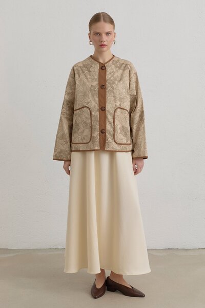 Nihan Oversize Desenli Gabardin Pamuk Ceket Bej