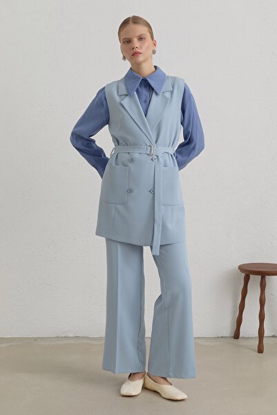 Nihan Kuşaklı Blazer Basic Yelek Açık Mavi