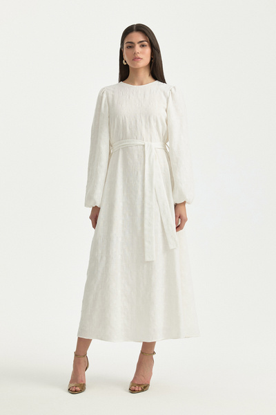 Nihan Balon Kollu Brode Elbise Ekru