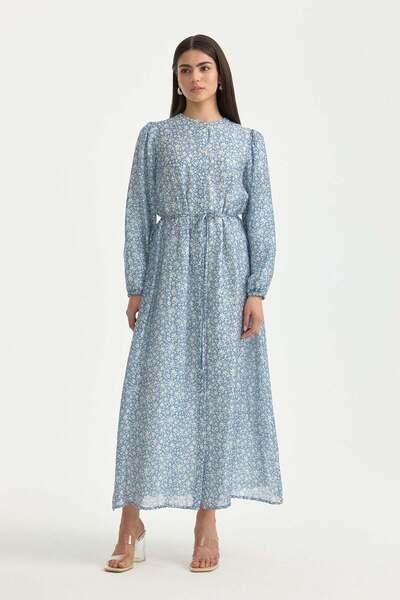 Nihan Önden Düğmeli Minik Çiçek Desenli Lyocell Elbise İndigo