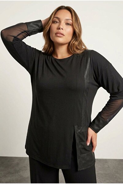 Stil Diva Bluză cu mâneci din plasă cu fante din piele artificială de mărime ...