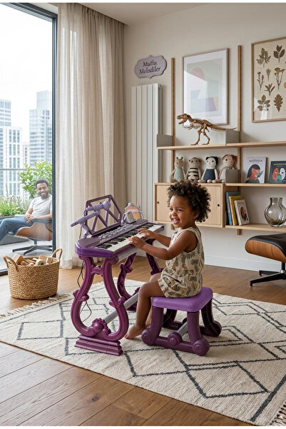 Tıfıl Toys Ayaklı Tabureli 49 Tuşlu Mikrofonlu Org Piyano Seti Mor