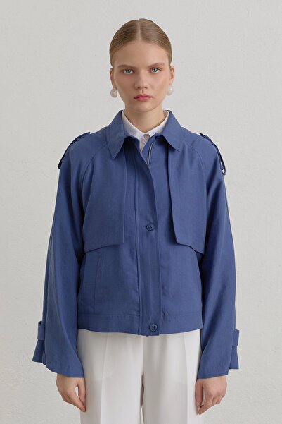 Nihan Pile Detaylı Lyocell Crop Ceket İndigo