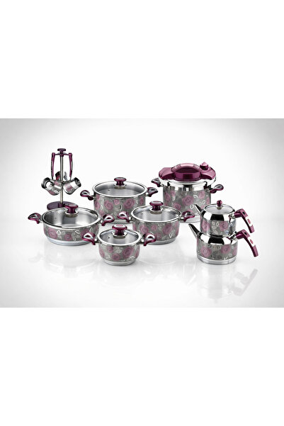 Remetta طقم أواني طهي من الفولاذ مكون من منقوش قطع باللون الأرجواني 18 قطعة، ...