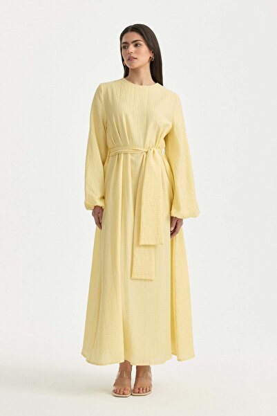 Nihan Balon Kollu Kuşaklı Viskon Elbise Sarı