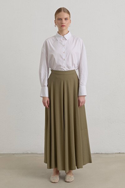 Nihan Parçalı Modal Basic Kloş Etek Haki
