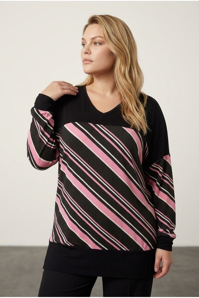 Stil Diva بلوزة كبيرة الحجم بأكمام طويلة ورقبة على شكل حرف V مع فتحة مطاطية ل...