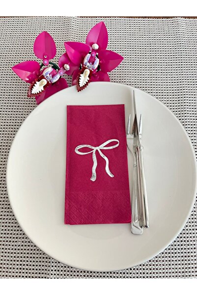 kidspartim Gümüş Yaldızlı Vişne Renkli Fiyonk Baskılı Garson Katlama Peçete 1...