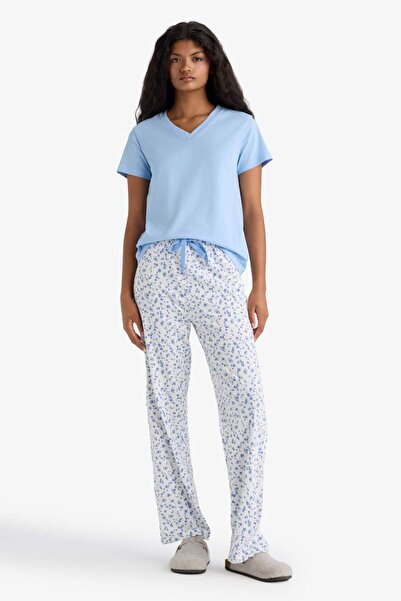 DeFacto Pajama Set Regular Fit Short Sleeve Top Patterned Long Bottom F7544Ax...