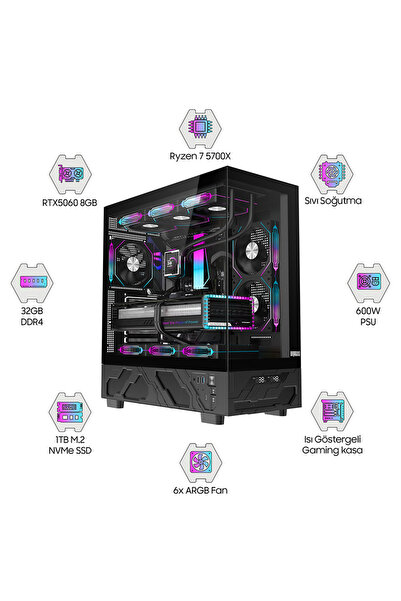 DRAGOS DRx7481 Ryzen 7 5700X 32GB Ram 1TB M2 NVMe SSD Gigabyte 8GB RTX5060 Oe...