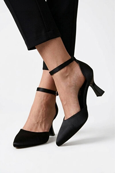 Catelyn Γυναικείο Μαύρο Σατέν Με δέσιμο στον αστράγαλο 7 εκ. Παπούτσι με τακούνι