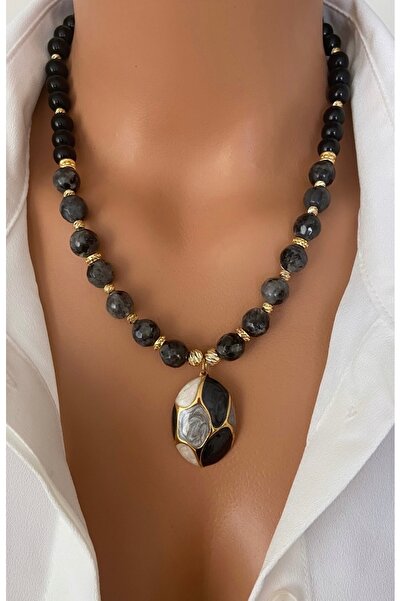 TARZ-I TAKI DOĞAL TAŞ Siyah Gri Oniks Taşı Özel Kararmaz Çelik Kolye Ucu Kadı...