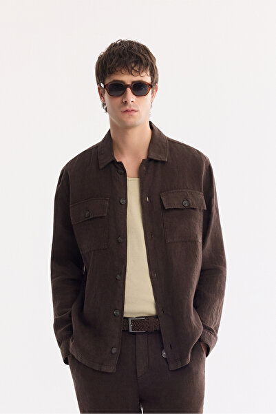 Avva Men's Brown Classic Collar Breathable 100% Linen Comfort Fit Shirt Jacke...