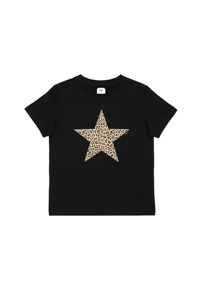 WHITE OF CREATIVE Kadın Leopar Desenli Yıldız Baskılı Baby Tee Crop Top