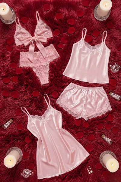 ZENCHES Kadın Saten 6’lı Çeyiz Seti -Gecelik,Şortlu Pijama Takımı,Sütyen/Bral...