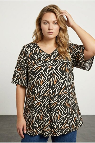 Stil Diva Bluză cu mânecă scurtă plisată în față cu decolteu în V cu imprimeu...