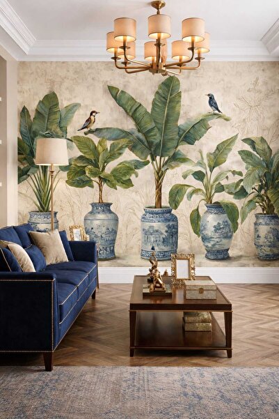 dekoartizan Tropikal Bitkiler 5 Saksılı Duvar Kağıtları. Tekstil Tek Parça Du...