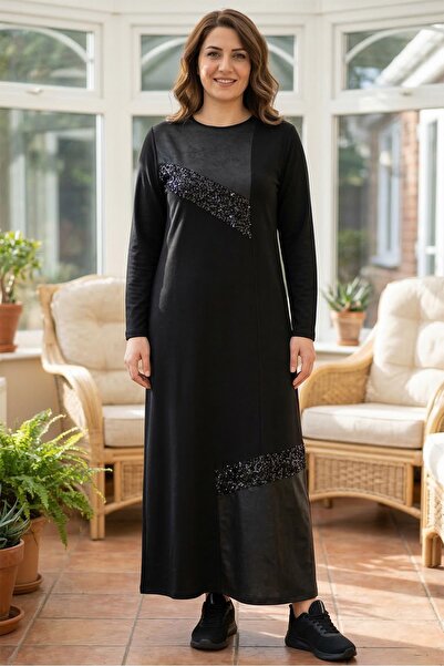 Hermevsim Missbah Women's Aysın Plus Size Crystal Fabric Sequined Black Dress