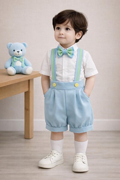 tubibebe Bebe Mavi - Su Yeşili Pileli Şort Salopet + Gömlek + Papyon + Çorap