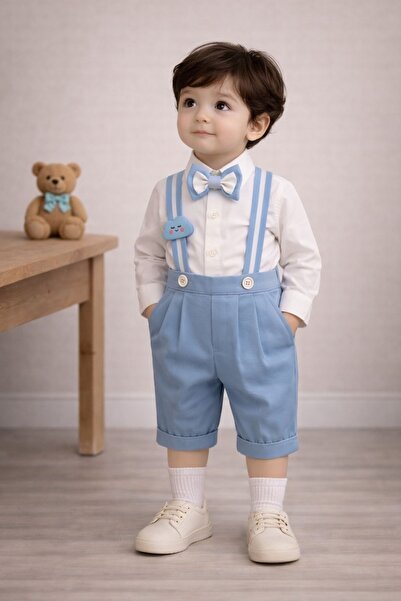 tubibebe 4'lü Mavi & Beyaz Şort Salopet Gömlek Papyon Çorap Takım