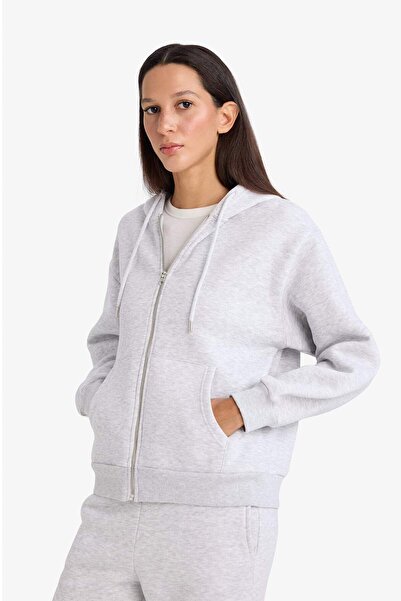 DeFacto Relax Fit Kapüşonlu Basıc Kalın Fermuarlı Sweatshirt C1809AX25AU