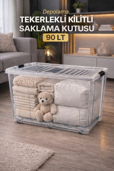 LOREMPBOX Set of 3 Transparent Storage Boxes with Wheels and Locks, Large Size Plastic Organizer Storage Container