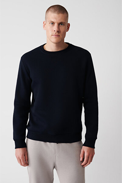 Avva Men's Navy Blue Crew Neck 3 Thread Raised Cotton Sweatshirt E 001017