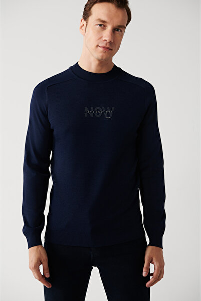 Avva Men's Navy Blue Crew Neck Textured Rayon Knitwear Sweater A32Y5107